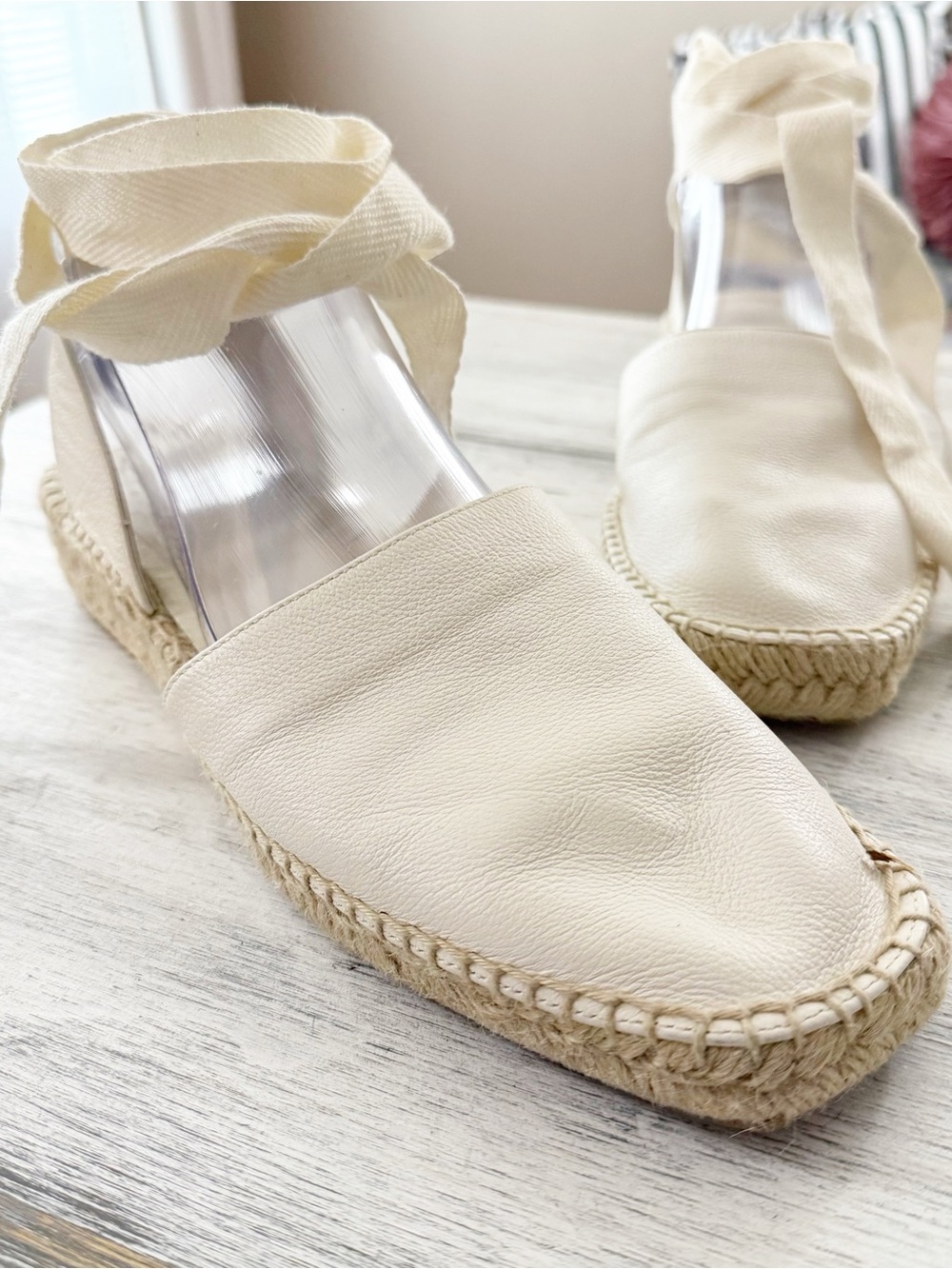 Everlane Cream Leather Espadrille Tie-Ankle Shoes size 9.5